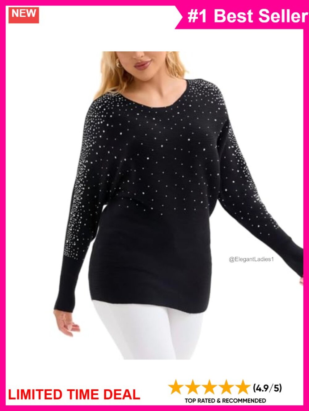 Women's Rhinestone Batwing Sleeve Ribbed Knit Pullover Sweater Tunic Top